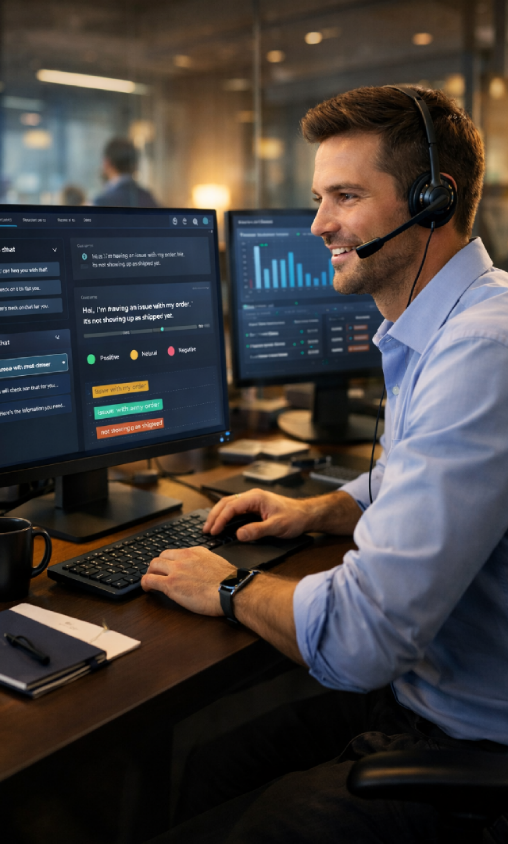 Customer support specialist using analytics